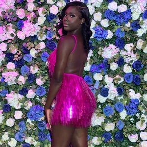 Pink backless sequin mini dress